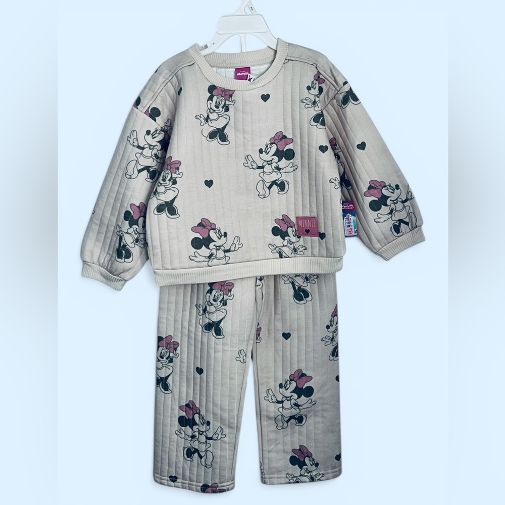 Disney Beige Quilted Minnie Mouse  2-PIECE PRINTED SWEATSHIRT AND JOGGERS SET